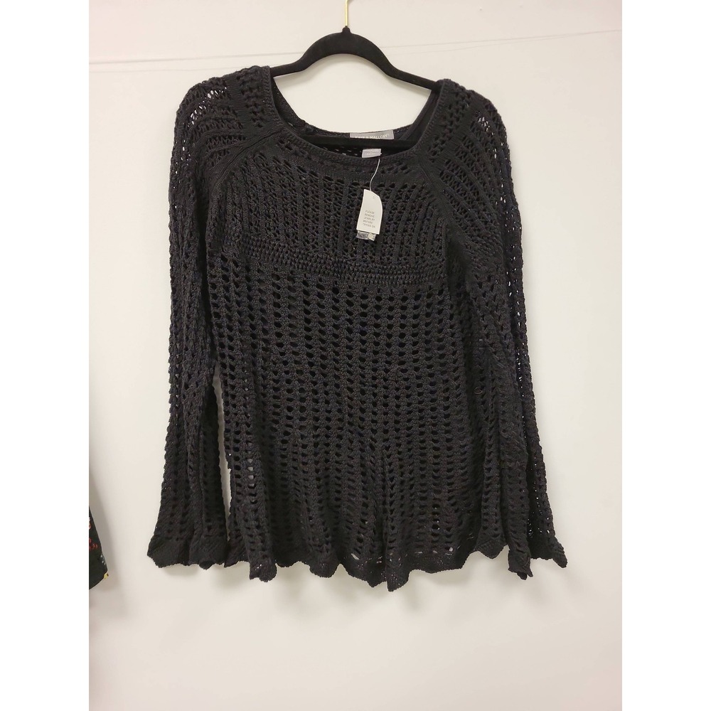 Kate Mallory Black Pointelle Knit Top Womens XL Cotton Blend‎ Long Sleeve